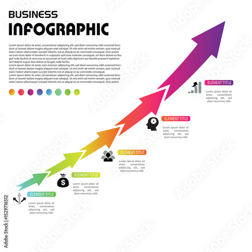 Colorful arrow infographic showing business growth and development steps, ideal for presentations, strategy planning, progress tracking, and startup or corporate reports.