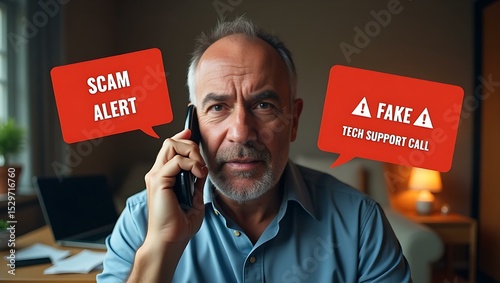 Serious mature Caucasian man on the phone, expressing concern over a suspected tech support scam.