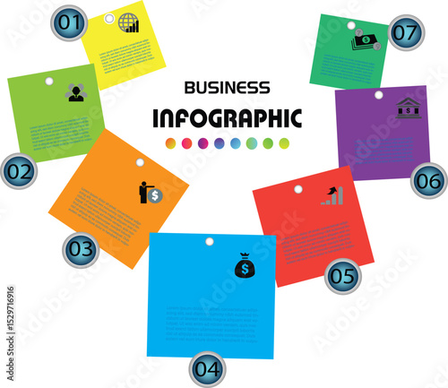 Colorful circular business infographic with seven steps and icons, ideal for showcasing workflow, data analysis, strategy, or marketing plans in a modern visual format.