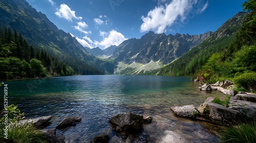 Fototapeta Naklejka Na Ścianę i Meble -  Serene alpine lake morskie oko surrounded by towering tatra mountain peaks under a bright blue sky with scattered clouds in summer poland. .