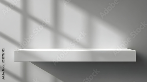 Minimalist White Shelf With Shadow Play Against Gray Wall Background