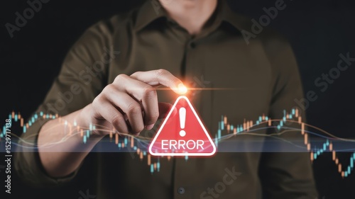 Person interacting with a digital error warning graphic. photo