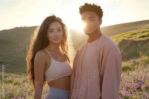 A young couple stands in a sunlit field, their happiness and connection palpable.