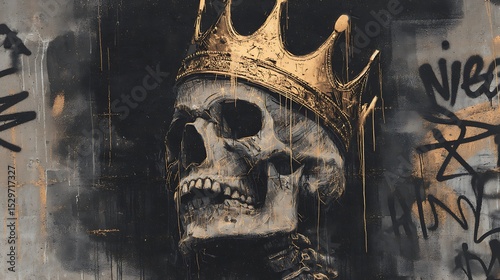 skeleton king wearing gold crown bizarre graffiti art sketch style graffiti pop style artwork .