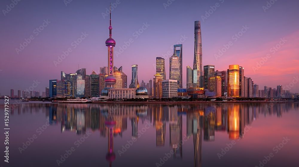 Fototapeta premium skyline featuring the Oriental Pearl Tower, Jin Mao Tower, and the Shanghai World Financial Center, twilight shot with reflections in the Huangpu River .