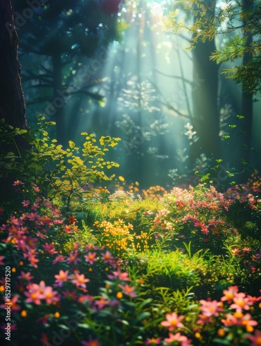 Enchanted forest background with sunlit flowers
