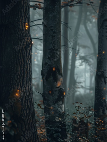 Misty forest background with fireflies
