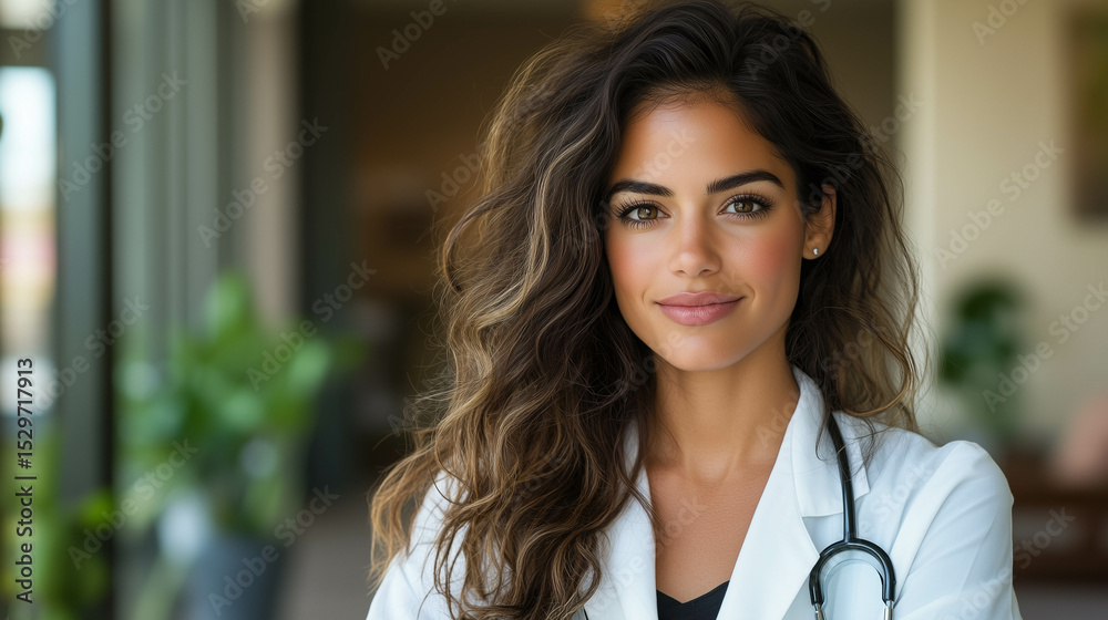 Portrait of a young female doctor with a blurred background of a hospital. Portrait of a young female doctor with a blurred background of a hospital.