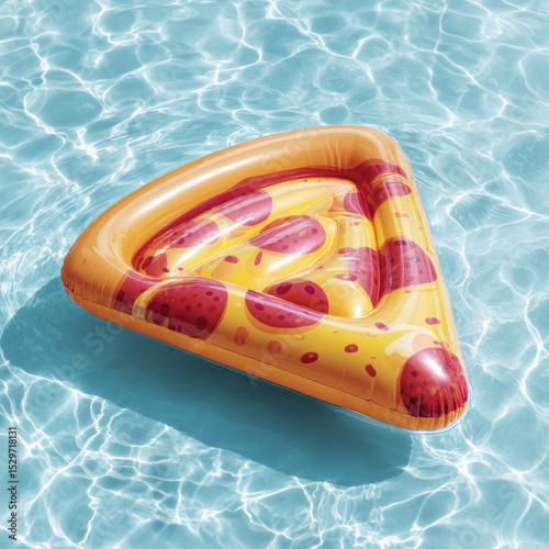 A pizza slice inflatable float drifts peacefully in a sparkling pool during a sunny day
