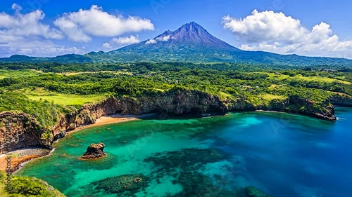 Majestic Volcano and Azure Bay: A Tropical Paradise
