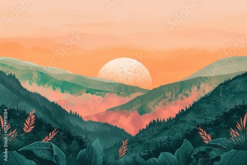 Scenic mountain forest landscape illustration