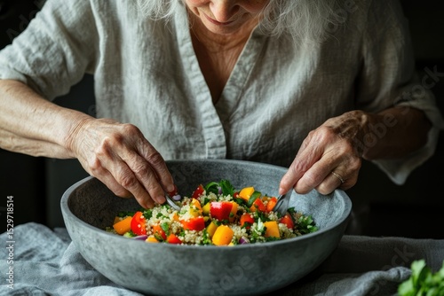Elderly woman preparing a vibrant quinoa salad with fresh vegetables.
