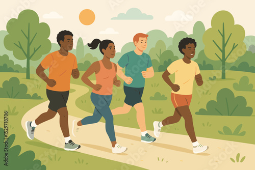 Diverse group of happy friends running in the park. Young people jogging on a scenic trail. Concept of healthy lifestyle, fitness, outdoor exercise, marathon training and community.