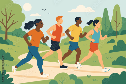 Diverse group of people running in a park. Multiethnic friends jogging together on a scenic trail. Concept of healthy lifestyle, fitness, marathon training, and community.