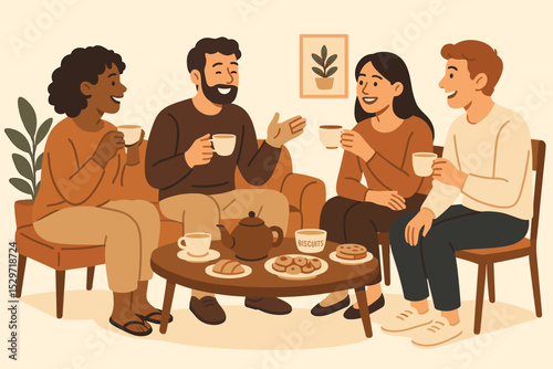 A diverse group of friends enjoying tea and coffee together. Happy men and women talking and laughing in a cozy living room. Social gathering, friendship, and communication concept.