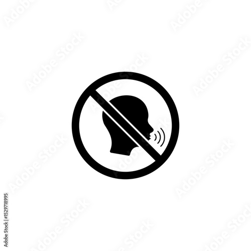 Silence please label. No talking, chatting pictogram. Speaking not allowed circle sign. Isolated vector illustration with man head silhouette.