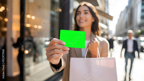 Stylish Woman Confidently Exits Boutique with Card and Shopping Bag 