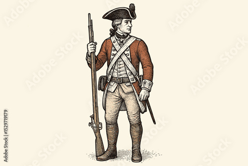 Vintage British soldier in redcoat uniform from the American Revolutionary War era. Historical 18th century infantryman holding a musket. Engraving style hand-drawn vector art.