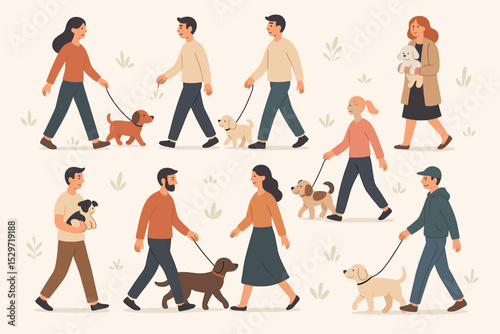 Collection of diverse people walking dogs. Men and women characters with pets on leashes. Pet owner community lifestyle concept. Vector flat illustration of people with puppies.