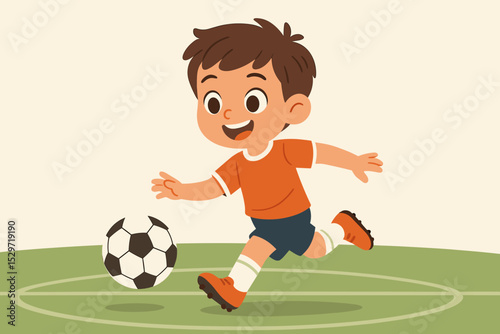 Cartoon boy playing football. Happy child character running with soccer ball on green field. Young athlete in training. Kid's sport activity, healthy lifestyle vector illustration.