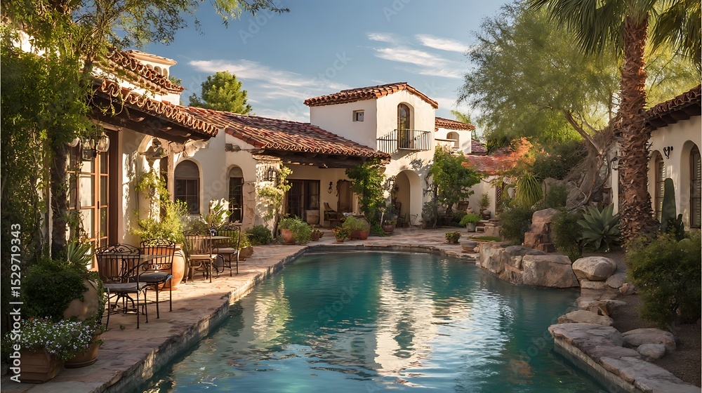 Obraz premium Sun-kissed Mediterranean-style homes with red-tiled roofs and desert landscapes surround a serene backyard pool in Phoenix, Arizona's suburban oasis. .