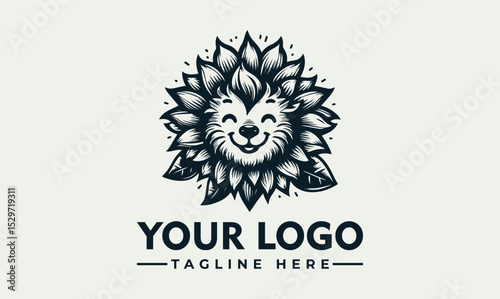 Happy lion illustration with a mane made of stylized leaves in black and white. Nature and animal concept