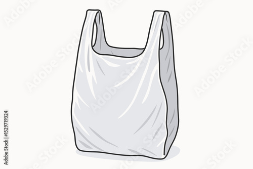 White plastic grocery bag vector illustration. Empty single-use carrier bag isolated on white background. Symbol of shopping, consumerism, waste, pollution, and recycling.