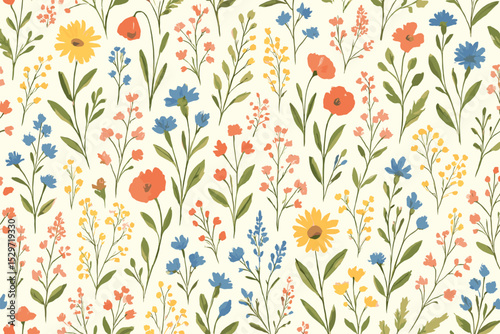 Watercolor floral seamless pattern with summer meadow wildflowers. Hand drawn botanical vector background with poppy, cornflower, daisy. Vintage design for fabric, wallpaper, print.