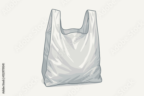 Empty white plastic grocery bag vector illustration. Single-use shopping carrier bag isolated. Symbol of pollution, waste, consumerism, and environmental problem. Reduce plastic.