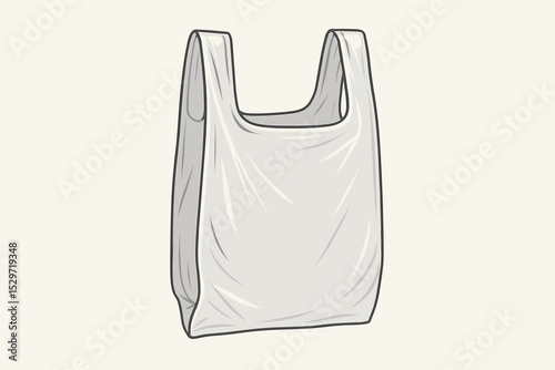 Plastic grocery bag vector illustration. White empty single-use carrier for supermarket shopping. Symbol of retail packaging, waste, and environmental plastic pollution problems.