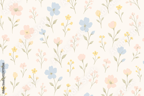 Seamless floral pattern with delicate watercolor wildflowers. Hand-painted ditsy flowers in pastel pink, blue, and yellow on a paper texture background. Romantic vintage design.
