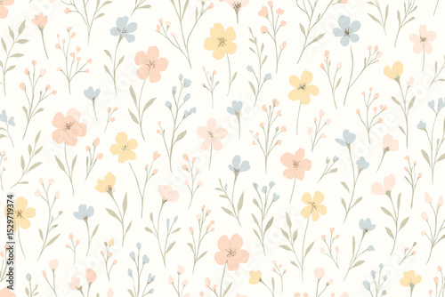 Seamless floral pattern with delicate watercolor flowers. Ditsy print with hand-drawn pink, blue, yellow wildflowers. Romantic spring garden texture for textile, fabric, wallpaper.