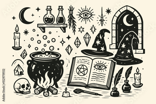 Magic icon set with mystic witchcraft and alchemy symbols in linocut style. Wizard hat, cauldron, spellbook, skull, crystal, moon, all seeing eye. Esoteric occult vector elements.