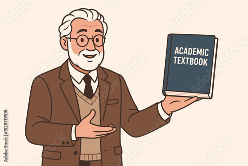 Wise senior professor character presenting an academic textbook. Vector illustration of a teacher, author, or lecturer. Concept for education, university, college, knowledge, study.
