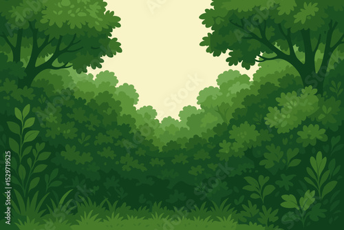 Lush forest landscape background. Cartoon vector illustration of a green park with trees, bushes, and grass. Nature scenery for kids. Summer or spring idyllic scene with copy space.