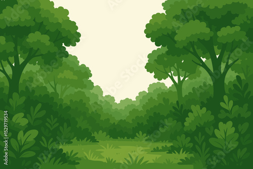 Lush green forest glade landscape background. Vector cartoon illustration of summer woods with trees and bushes. Nature park scenery for eco-friendly or environmental concept.