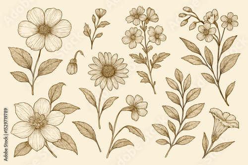 Vintage botanical illustration set of hand-drawn flowers. Engraving style floral elements collection. Wildflower sketch line art. Retro herbarium nature drawings on paper.
