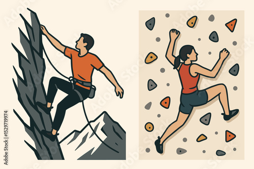 Rock climbing and bouldering illustration set. Man climbing outdoor mountain peak. Woman training on indoor gym wall. Extreme sport, adventure lifestyle concept vector.