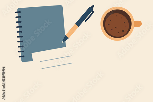 Minimalist workspace top view flat lay. Vector illustration of office desk with notebook, pen, paper and coffee. Concept of work, study, writing, journaling or business planning.