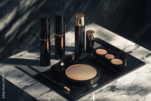 A luxurious arrangement of black and gold makeup products on a marble surface in soft lighting