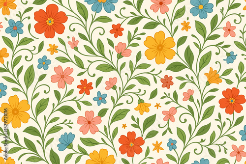 Retro floral seamless pattern with colorful flowers. Vintage 70s groovy aesthetic background for textile design, fabric print, and wallpaper. Ditsy flower power vector illustration.