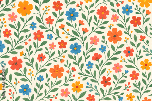 Seamless floral pattern with colorful retro flowers. Vintage botanical background. Hand drawn ditsy print for fabric, textile, wallpaper. Summer meadow vector illustration.