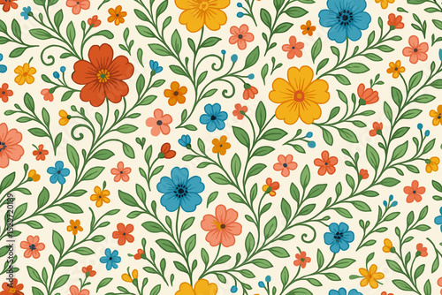 Colorful vintage floral seamless pattern with hand-drawn flowers and vines. Decorative retro botanical illustration. Elegant background for textile, fabric print, wallpaper.
