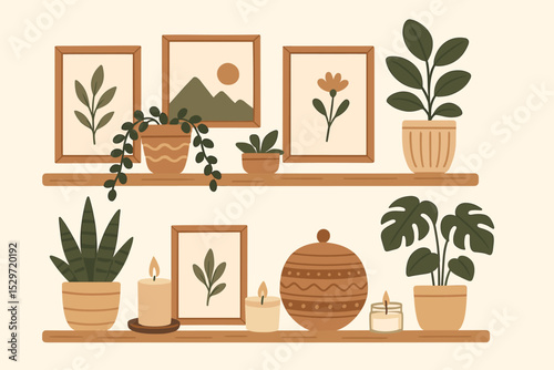 Cozy home decor shelves with houseplants, framed art and candles. Hygge interior concept illustration. Modern bohemian living room decoration in a flat vector style. Comfort.