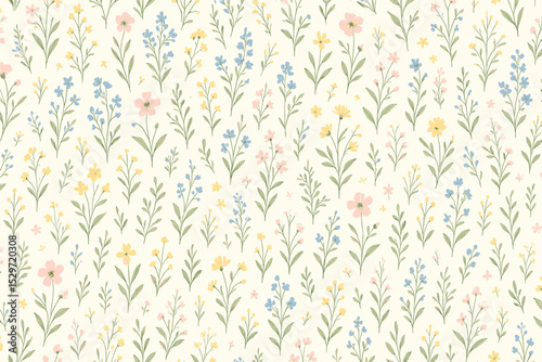 Vintage wildflower meadow seamless pattern. Delicate ditsy floral background with cute pastel flowers. Hand-drawn botanical vector texture for fabric, textile print, wallpaper, paper.