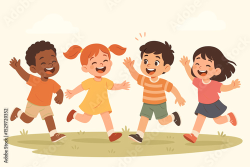 Happy diverse group of children running and playing together outdoors. Cheerful kids, friends having fun in a park. Childhood friendship and summer activity concept vector.