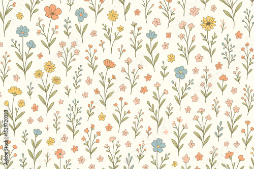Seamless pattern with cute hand-drawn wildflowers. Retro ditsy floral meadow background. Botanical vector illustration for fabric, wallpaper, textile. Vintage summer spring flowers.