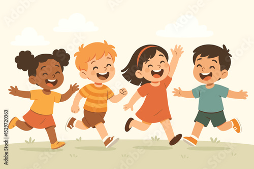 Group of diverse children running and laughing in a summer park. Multicultural kids enjoying outdoor play. Concept of happy childhood, friendship, and diversity. Flat vector.