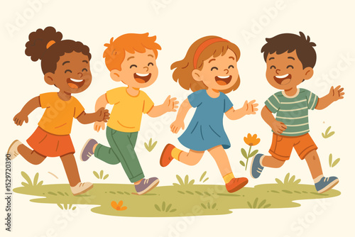 Happy diverse kids running in park. Group of multicultural children playing together outdoors. Joyful childhood, friendship, and fun concept. Cute cartoon vector illustration.