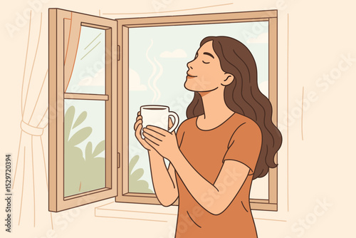 Happy woman enjoying morning coffee by an open window. Relaxed girl with a hot drink enjoying a moment of peace. Concept of self-care, wellness, mindfulness, and serenity.